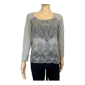 Hannah casual boho paisley embroidered top shirt M gray long sleeve detailed